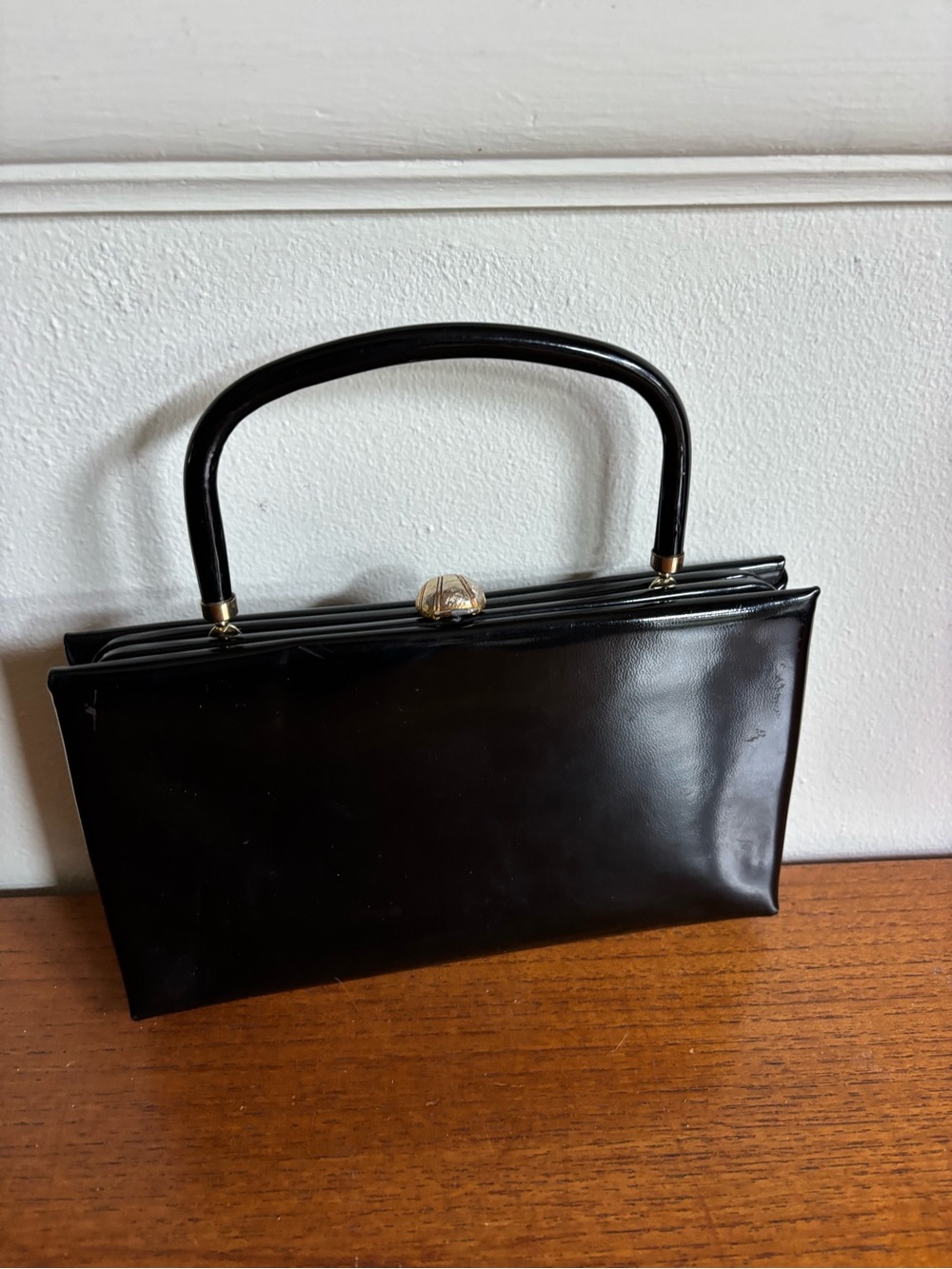 Vintage black patent leather and gold handbag from After Five with kisslock